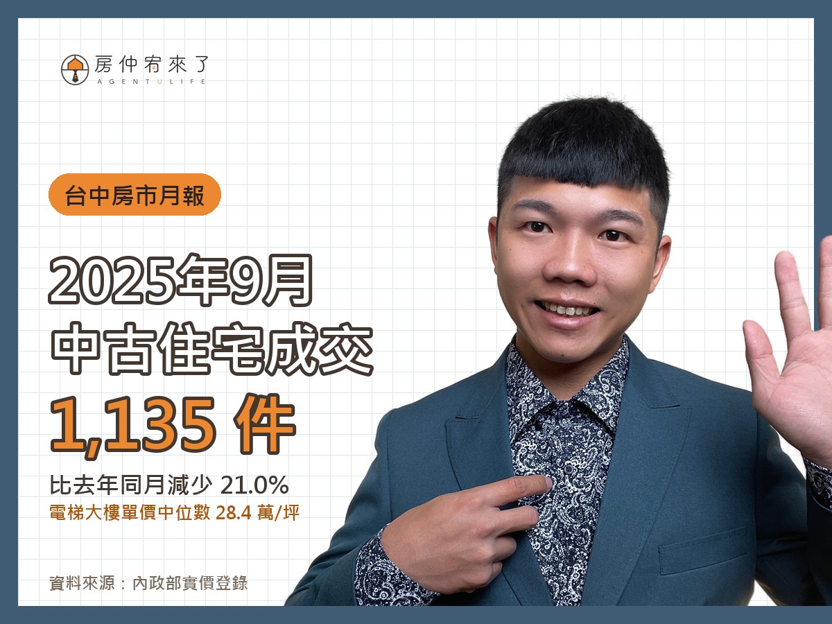 台中房市月報|2025 年 9 月住宅成交量與單價分析 11 2025 年 9 月台中中古住宅成交 1,135 件,電梯大樓單價中位數 28.4 萬/坪|房仲宥來了