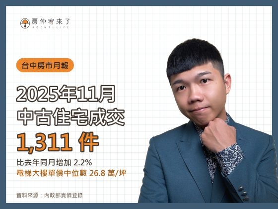 台中房市月報|2025 年 11 月住宅成交量與單價分析 19 2025 年 11 月台中中古住宅成交 1,311 件,電梯大樓單價中位數 26.8 萬/坪|房仲宥來了