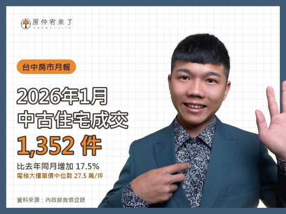 台中房市月報|2026 年 1 月住宅成交量與單價分析 17 2026 年 1 月台中中古住宅成交 1,352 件,電梯大樓單價中位數 27.5 萬/坪|房仲宥來了