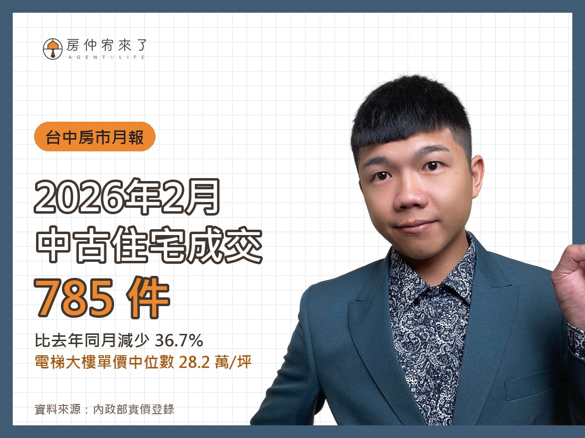 台中房市月報|2026 年 2 月住宅成交量與單價分析 11 2026 年 2 月台中中古住宅成交 785 件,電梯大樓單價中位數 28.2 萬/坪|房仲宥來了