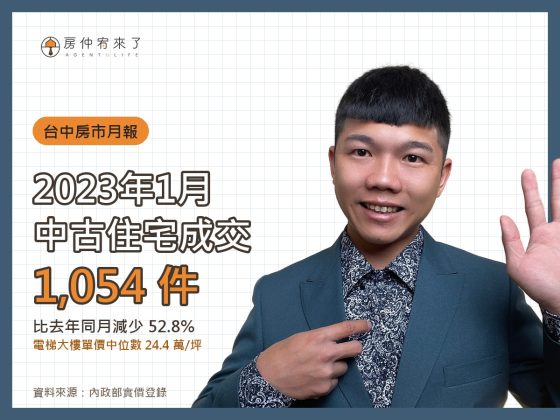 2023 年 1 月台中中古住宅成交 1,054 件，電梯大樓單價中位數 24.4 萬/坪｜房仲宥來了